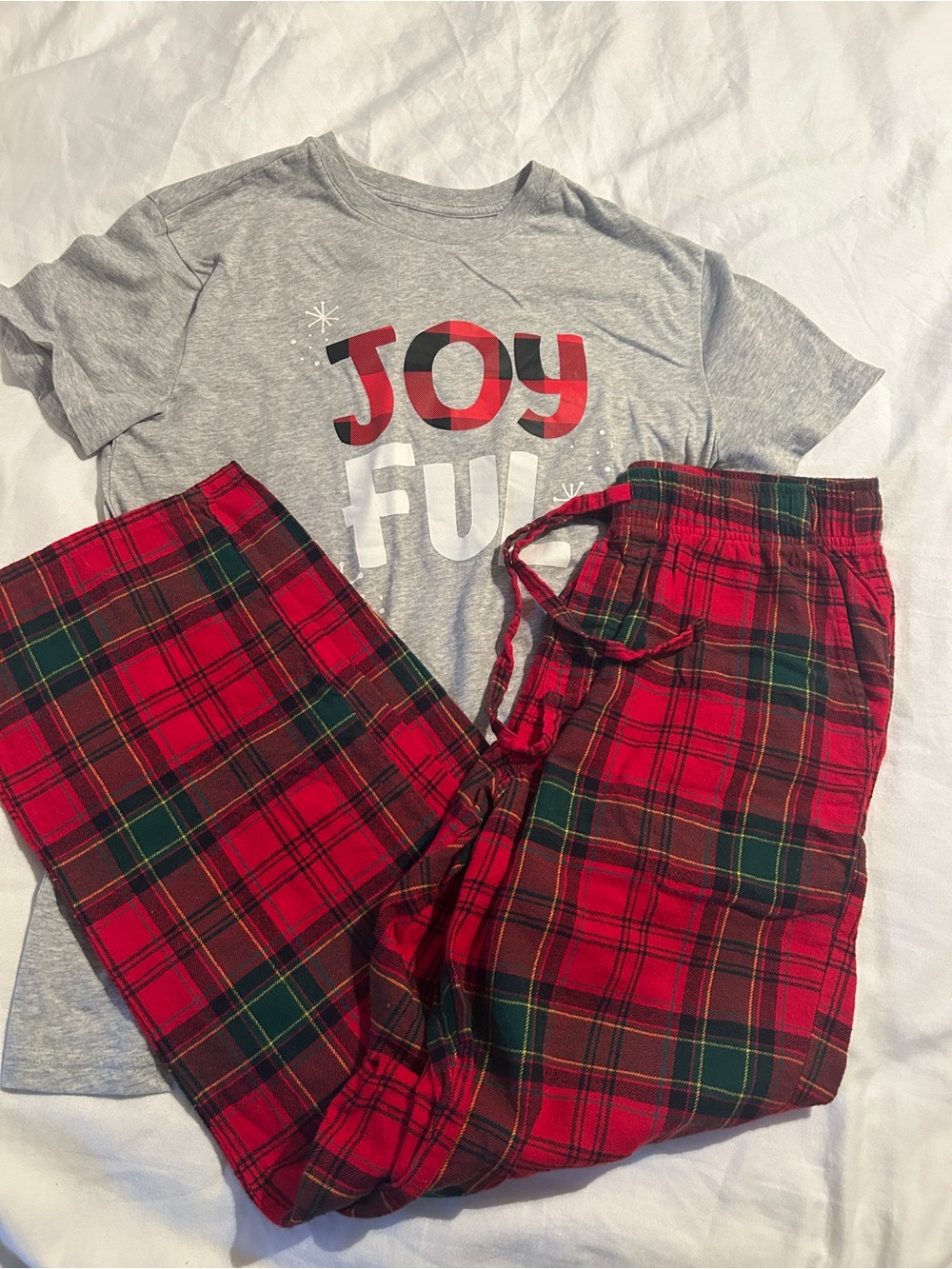 Men’s Gray 'Joyful' Short Sleeve Top and Red Plaid Pajama Pants Set